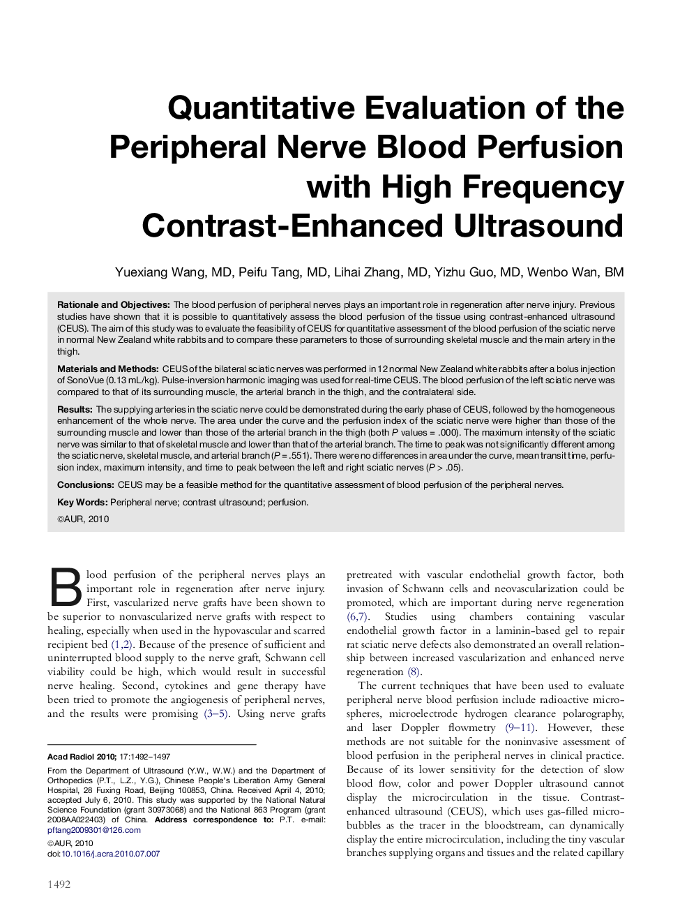 Quantitative Evaluation of the Peripheral Nerve Blood Perfusion with High Frequency Contrast-Enhanced Ultrasound