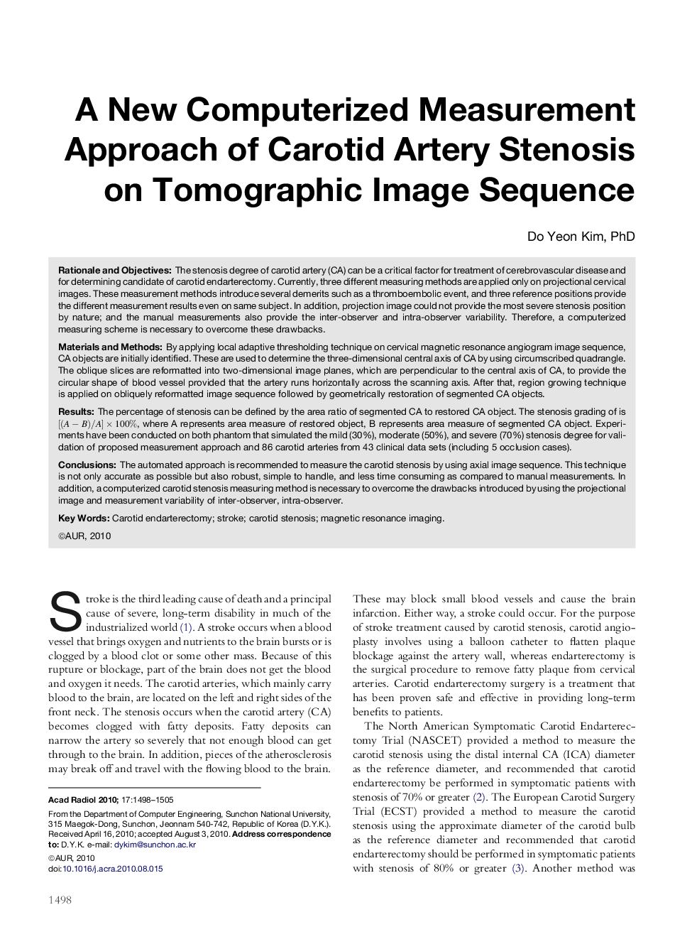 A New Computerized Measurement Approach of Carotid Artery Stenosis on Tomographic Image Sequence