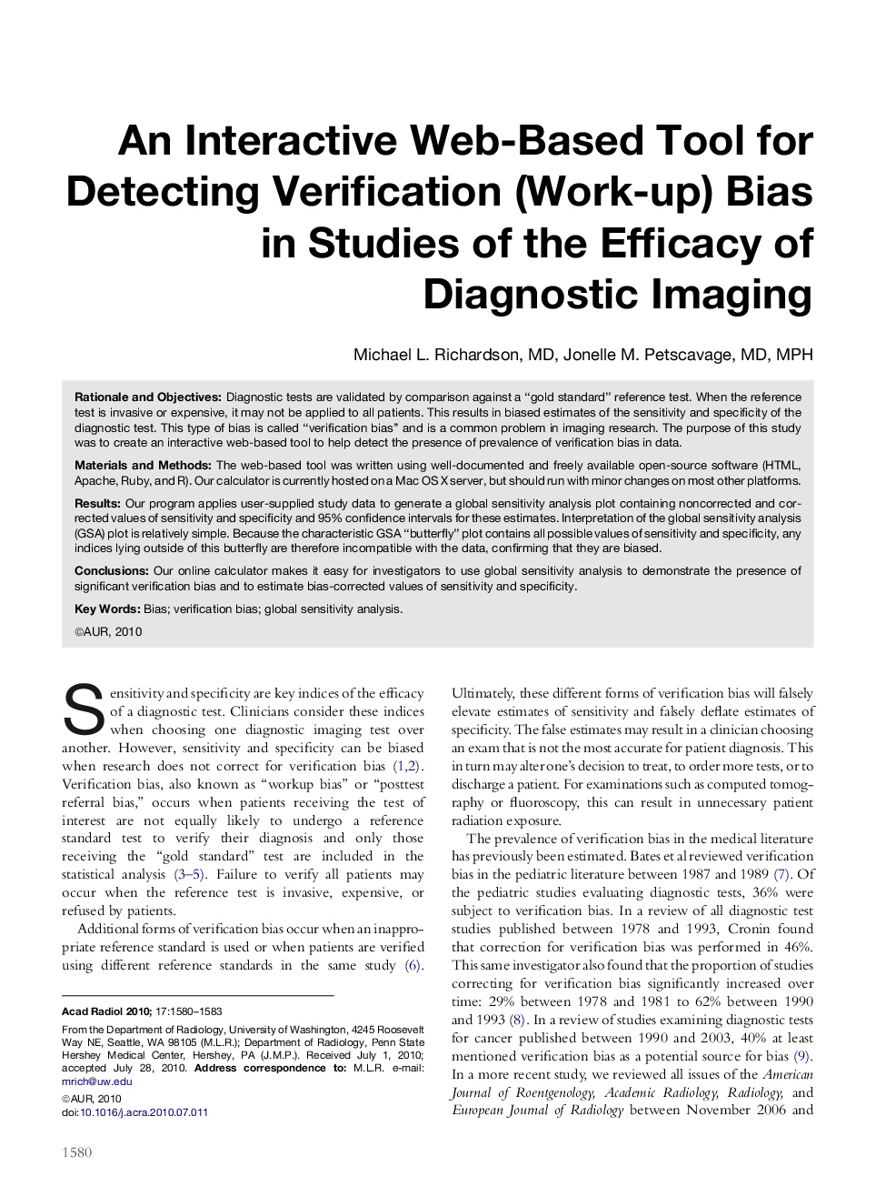 An Interactive Web-Based Tool for Detecting Verification (Work-up) Bias in Studies of the Efficacy of Diagnostic Imaging