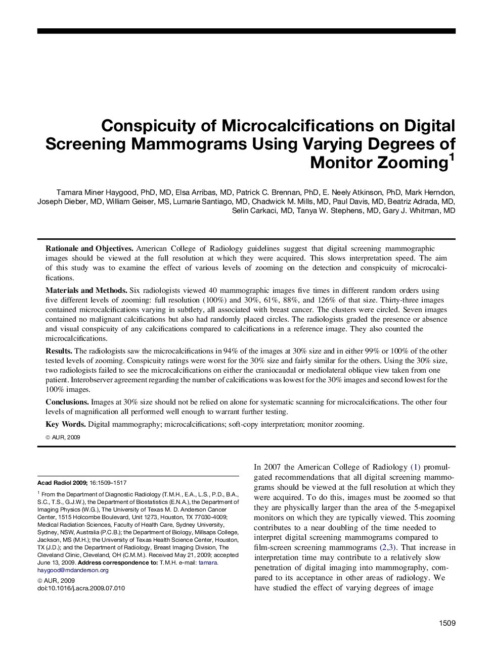 Conspicuity of Microcalcifications on Digital Screening Mammograms Using Varying Degrees of Monitor Zooming