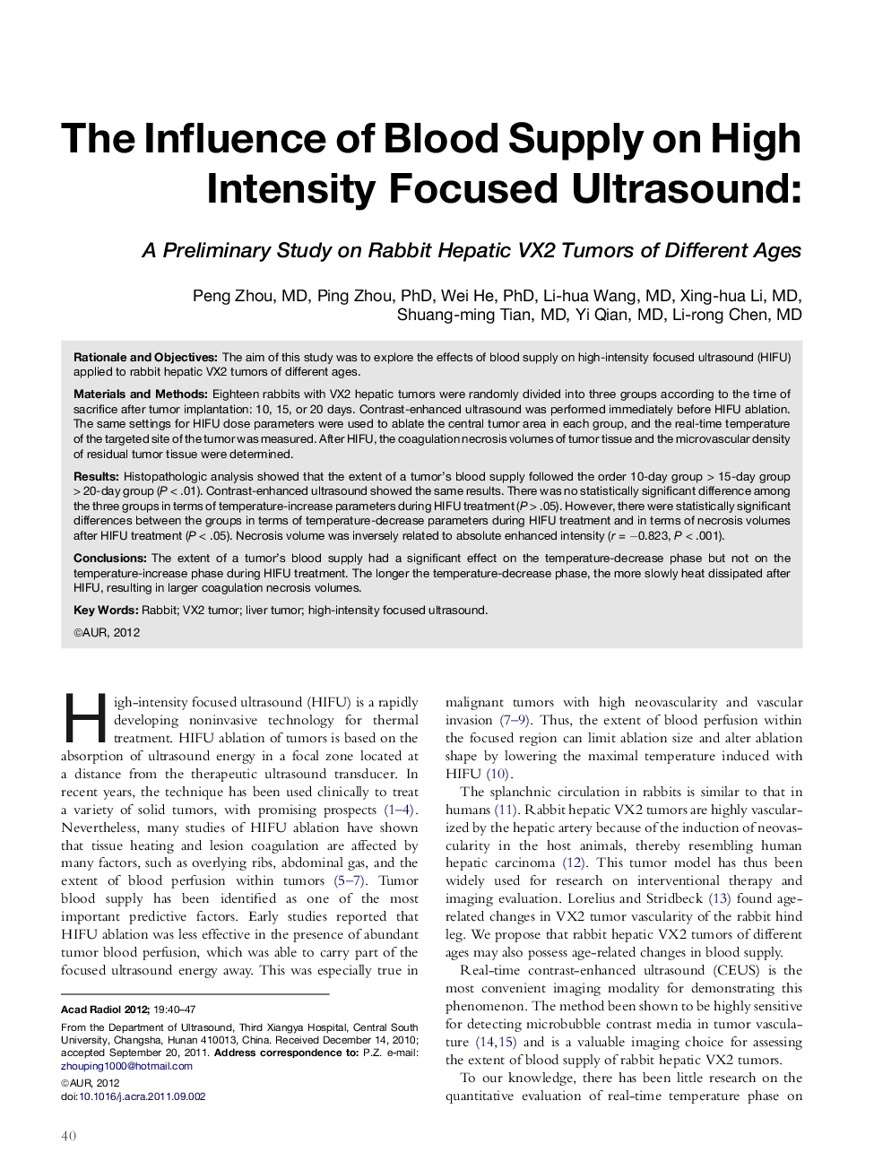 The Influence of Blood Supply on High Intensity Focused Ultrasound