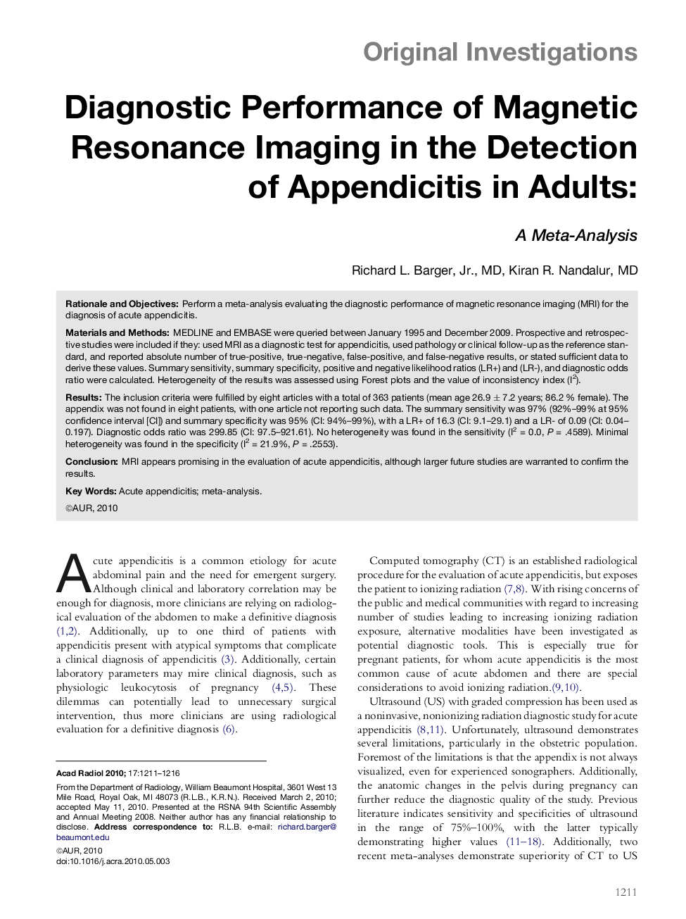 Diagnostic Performance of Magnetic Resonance Imaging in the Detection of Appendicitis in Adults