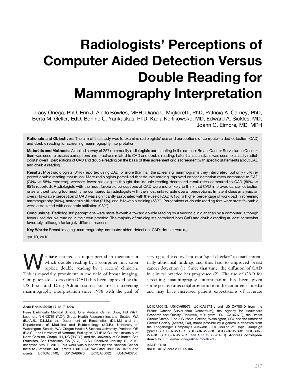 Radiologists' Perceptions of Computer Aided Detection Versus Double Reading for Mammography Interpretation