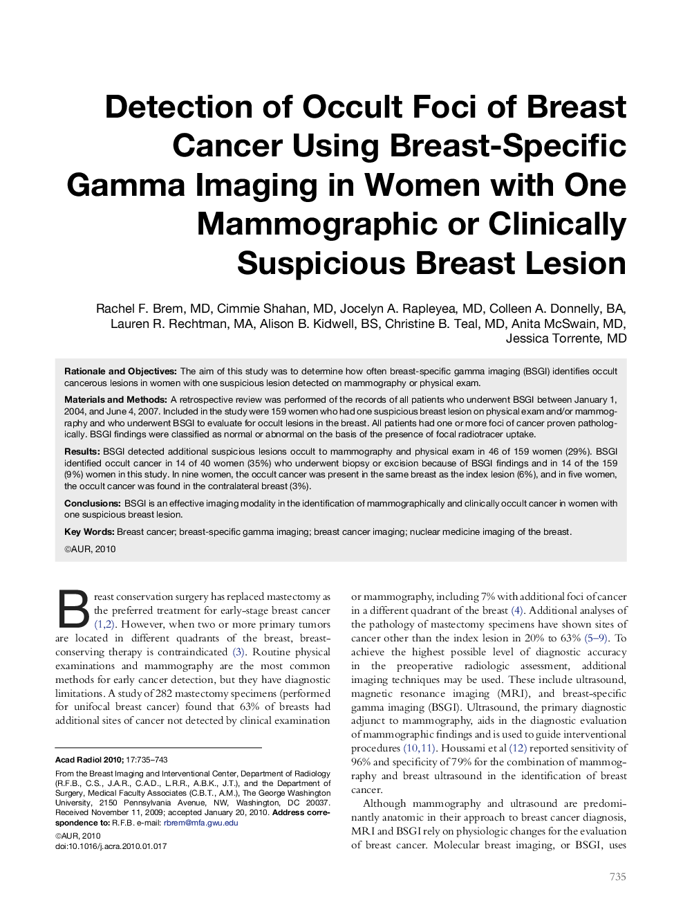 Detection of Occult Foci of Breast Cancer Using Breast-Specific Gamma Imaging in Women with One Mammographic or Clinically Suspicious Breast Lesion