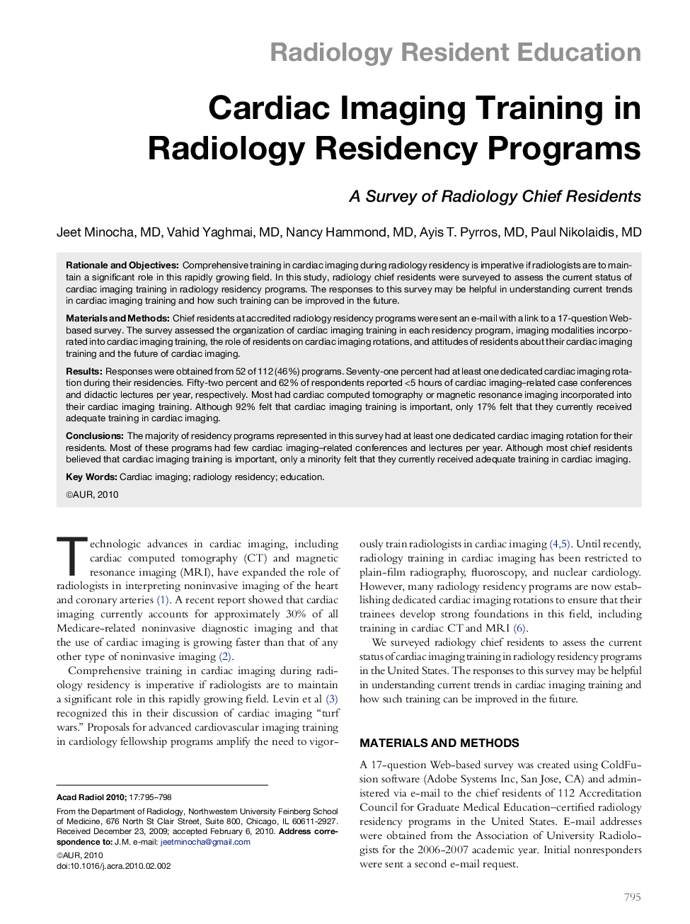 Cardiac Imaging Training in Radiology Residency Programs