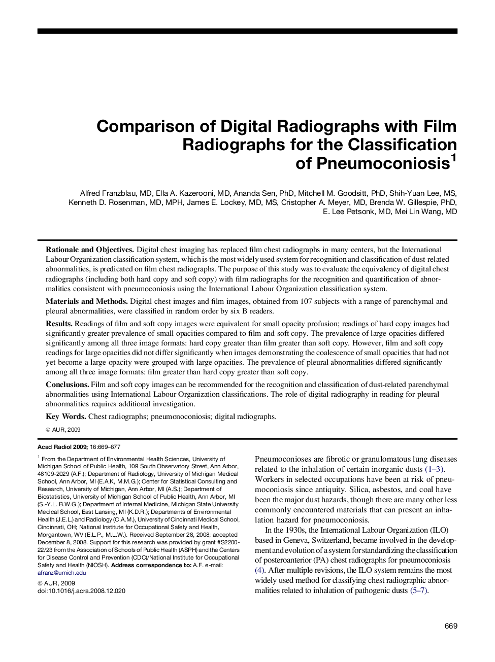 Comparison of Digital Radiographs with Film Radiographs for the Classification of Pneumoconiosis1