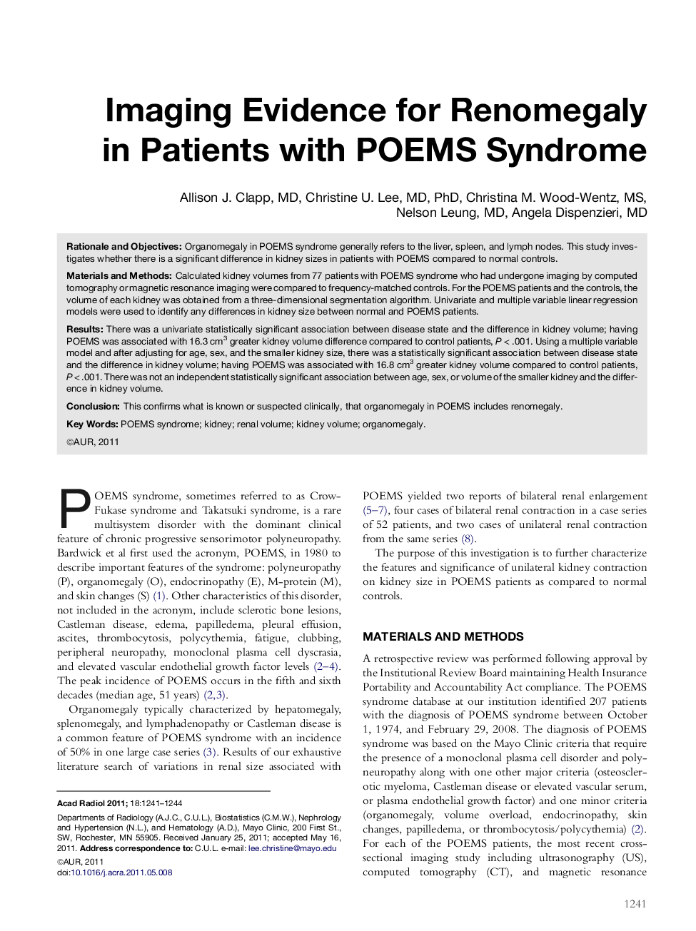 Imaging Evidence for Renomegaly in Patients with POEMS Syndrome