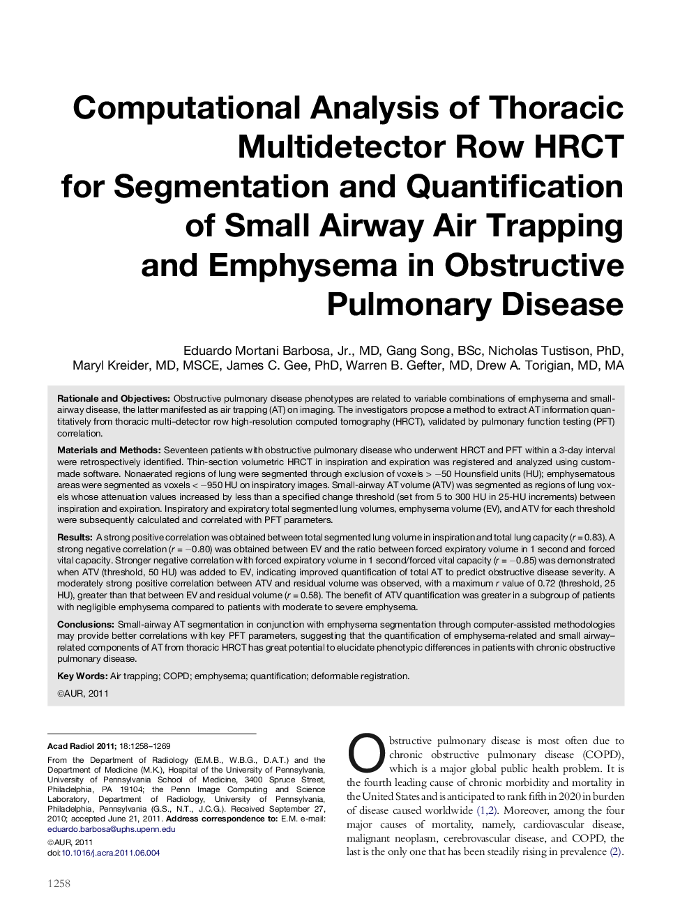 Computational Analysis of Thoracic Multidetector Row HRCT for Segmentation and Quantification of Small Airway Air Trapping and Emphysema in Obstructive Pulmonary Disease