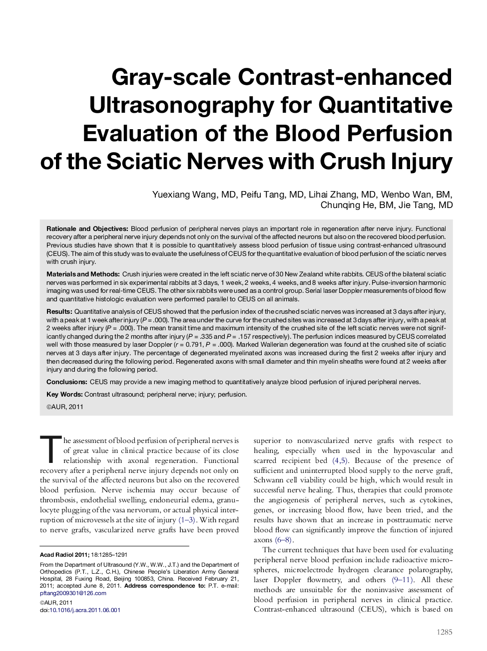 Gray-scale Contrast-enhanced Ultrasonography for Quantitative Evaluation of the Blood Perfusion ofÂ the Sciatic Nerves with Crush Injury