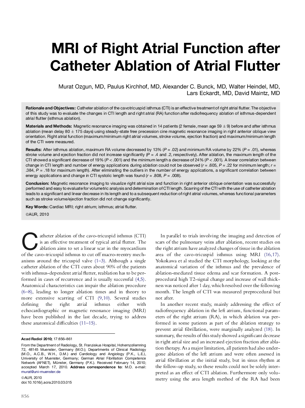 MRI of Right Atrial Function after Catheter Ablation of Atrial Flutter