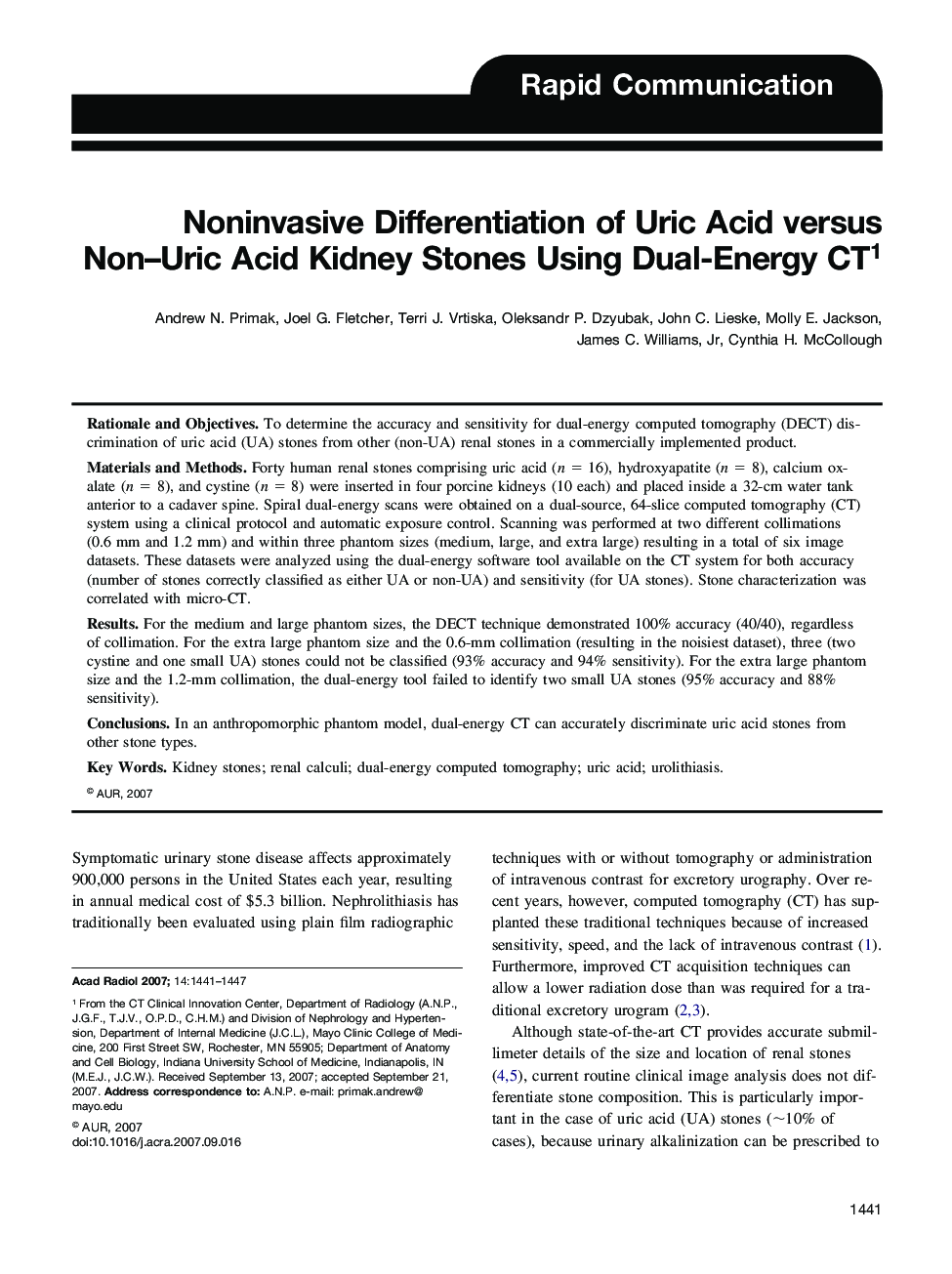 Noninvasive Differentiation of Uric Acid versus Non-Uric Acid Kidney Stones Using Dual-Energy CT