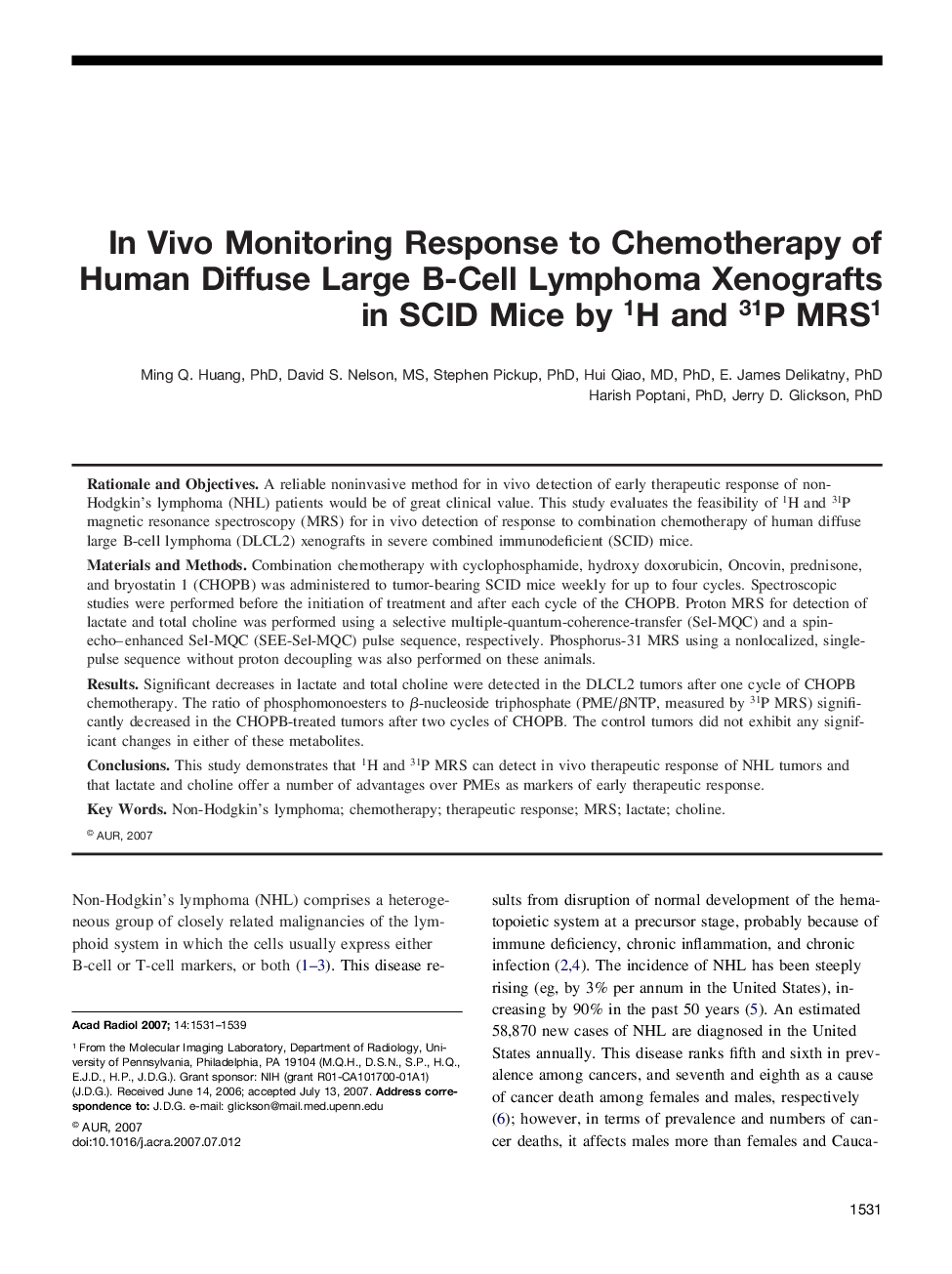 In Vivo Monitoring Response to Chemotherapy of Human Diffuse Large B-Cell Lymphoma Xenografts in SCID Mice by 1H and 31P MRS