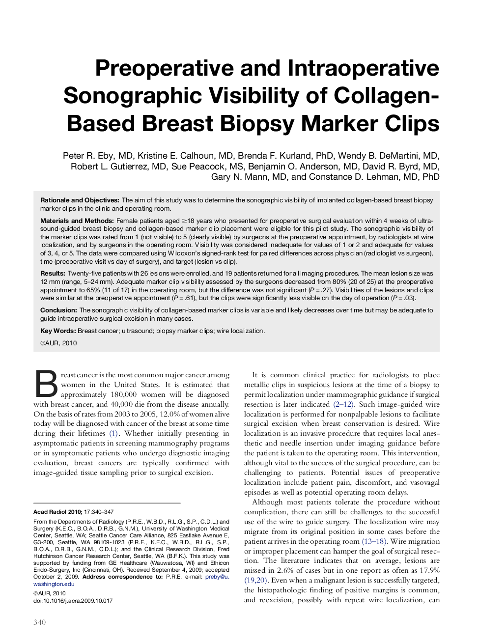 Preoperative and Intraoperative Sonographic Visibility of Collagen-Based Breast Biopsy Marker Clips