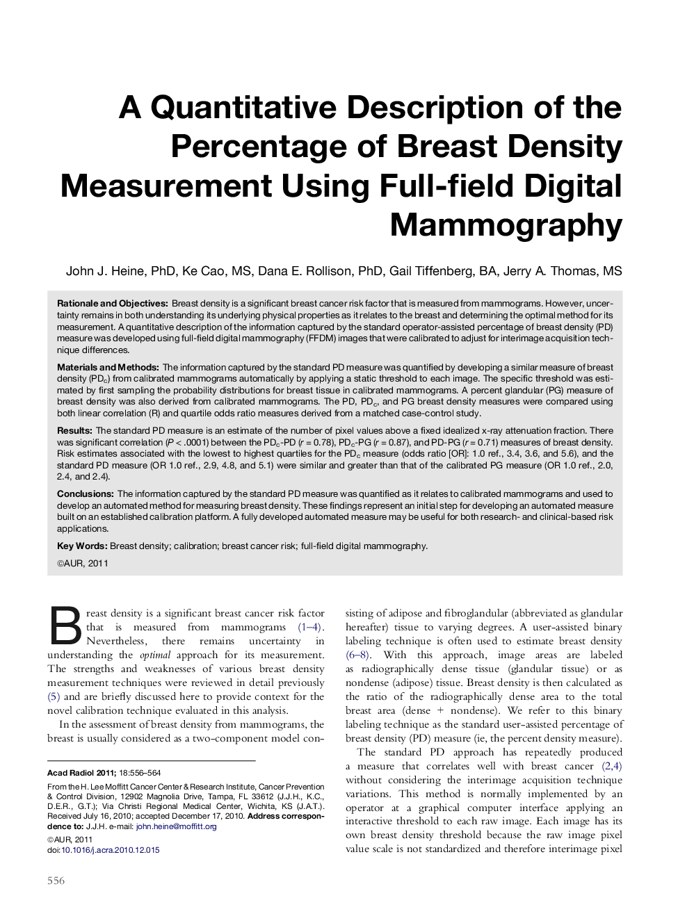 A Quantitative Description of the Percentage of Breast Density Measurement Using Full-field Digital Mammography