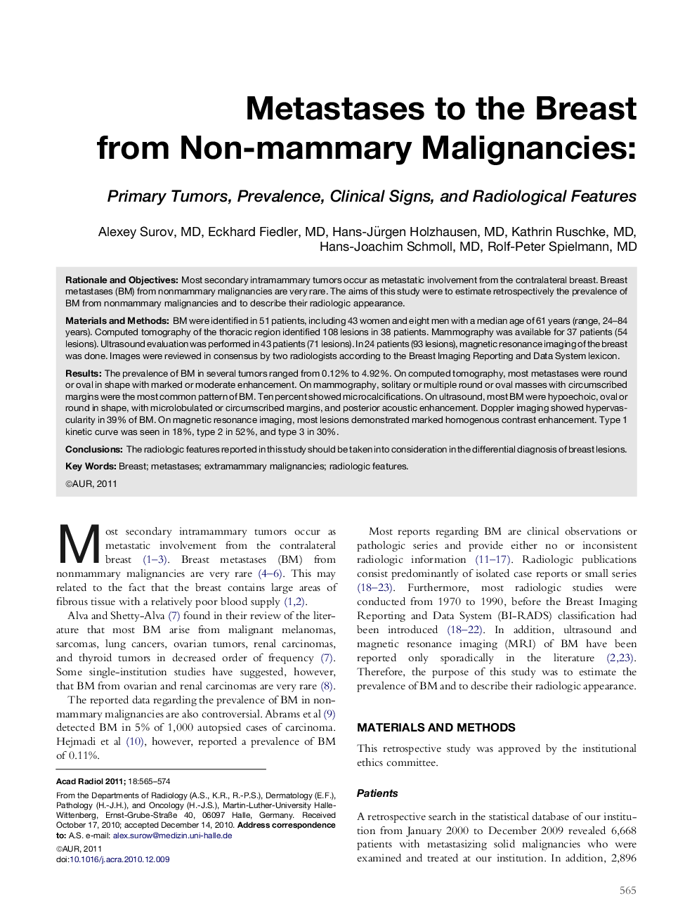 Metastases to the Breast from Non-mammary Malignancies