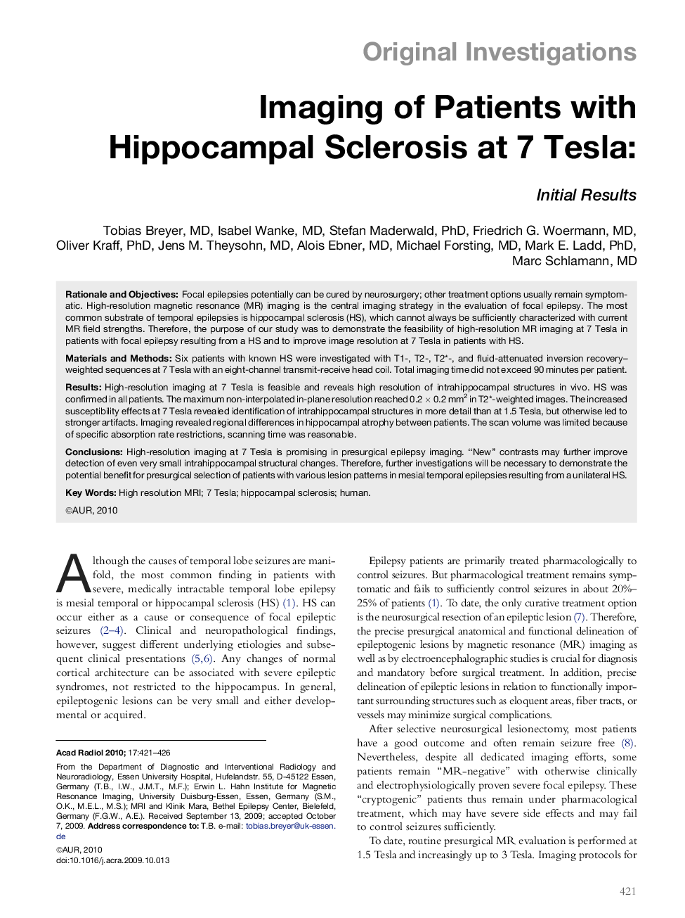 Imaging of Patients with Hippocampal Sclerosis at 7 Tesla