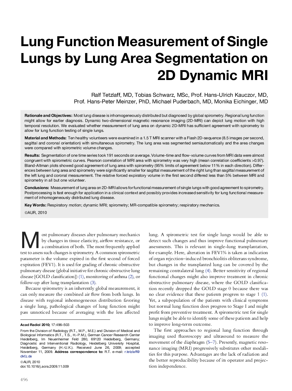 Lung Function Measurement of Single Lungs by Lung Area Segmentation on 2D Dynamic MRI