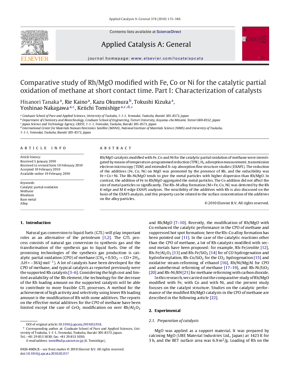 Comparative study of Rh/MgO modified with Fe, Co or Ni for the catalytic partial oxidation of methane at short contact time. Part I: Characterization of catalysts