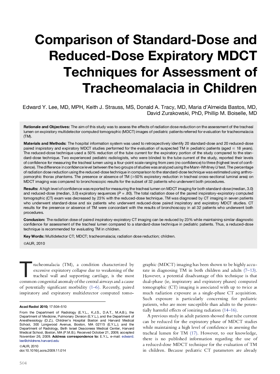 Comparison of Standard-Dose and Reduced-Dose Expiratory MDCT Techniques for Assessment of Tracheomalacia in Children