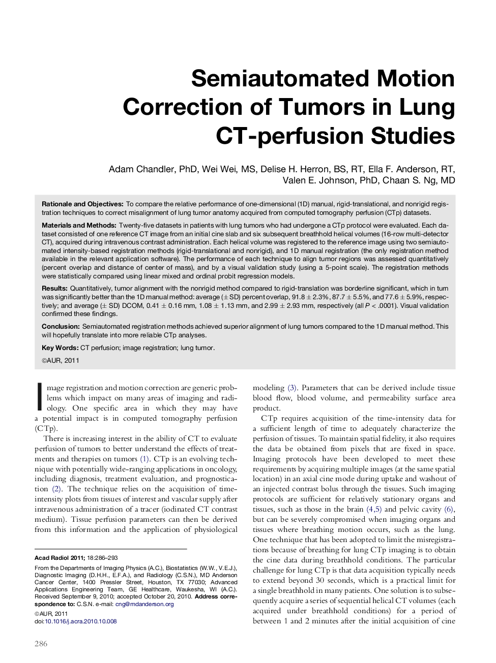 Semiautomated Motion Correction of Tumors in Lung CT-perfusion Studies