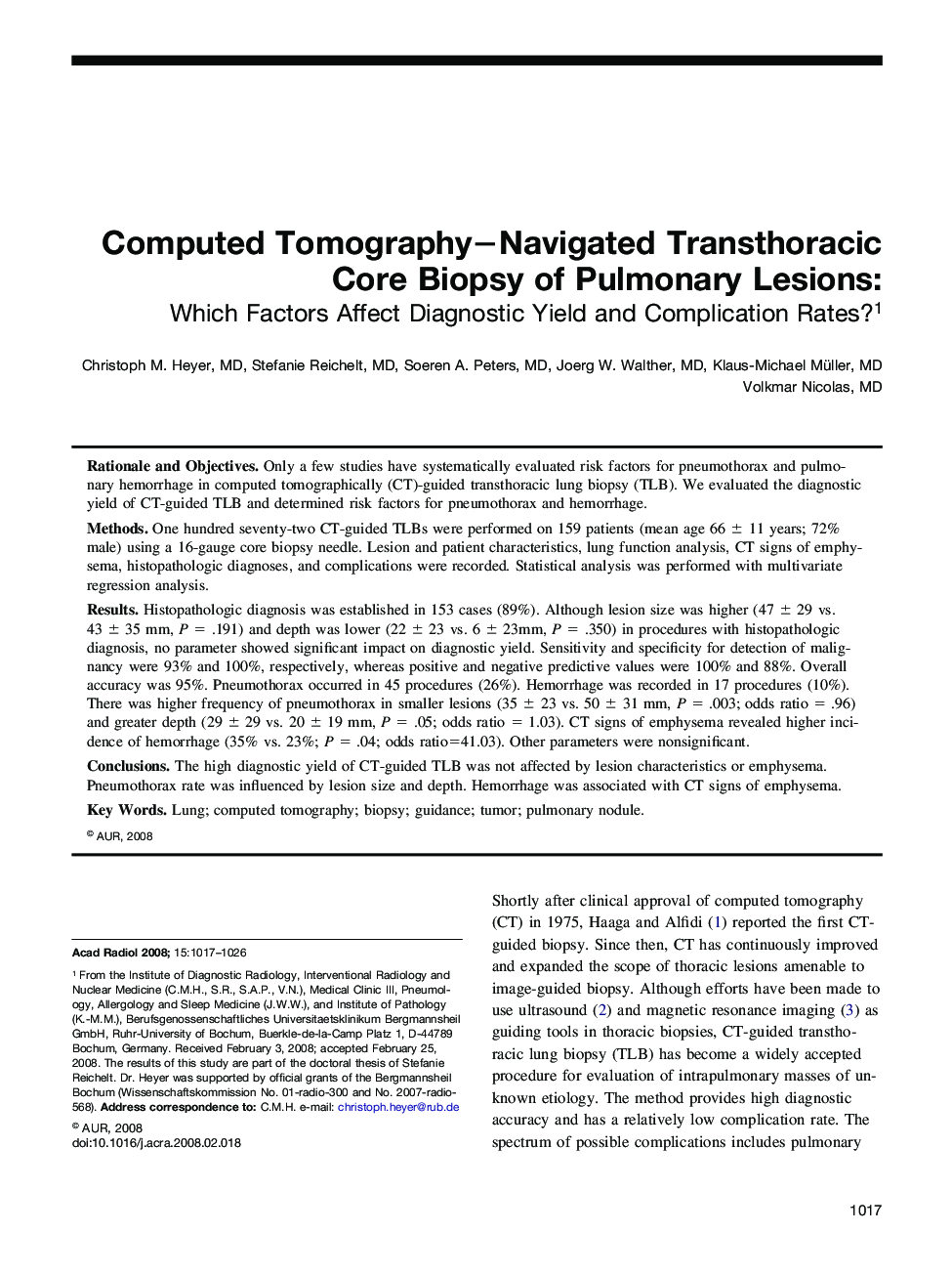 Computed Tomography-Navigated Transthoracic Core Biopsy of Pulmonary Lesions