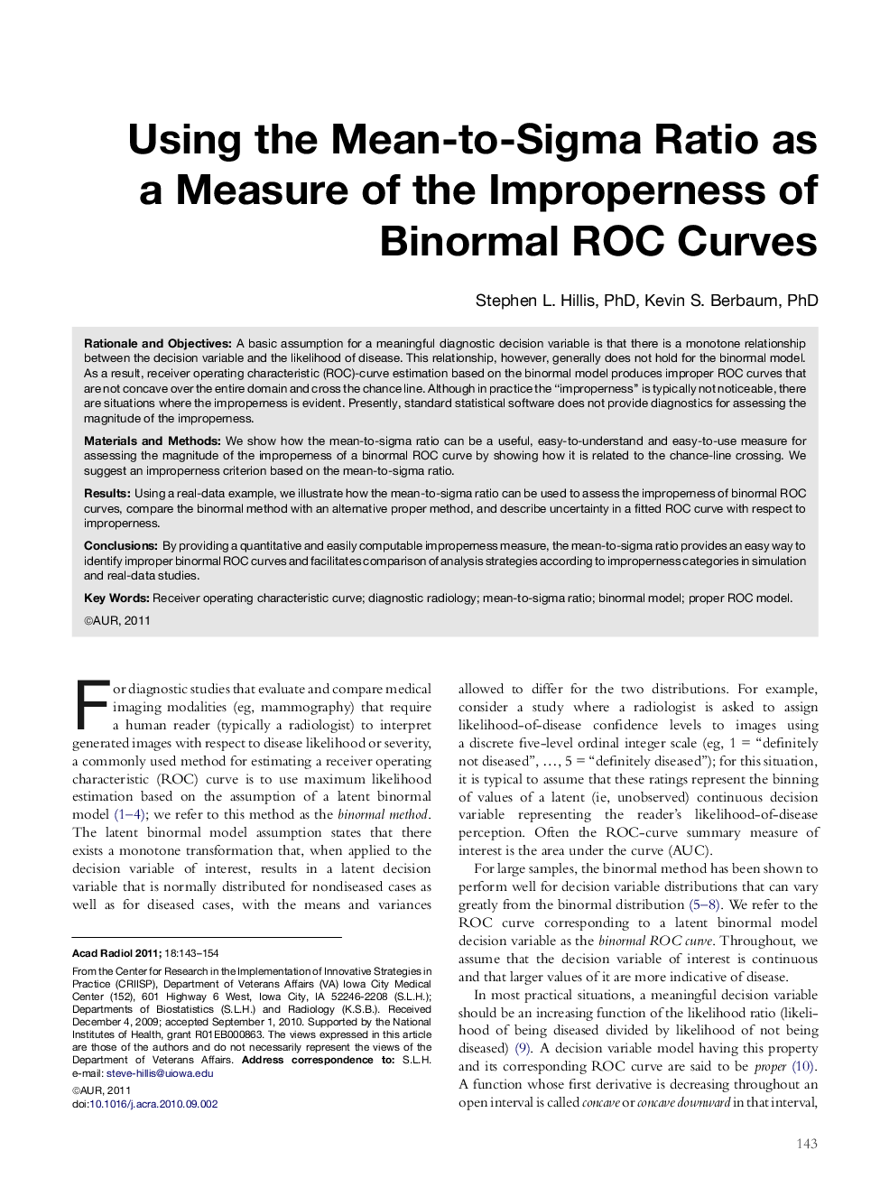 Using the Mean-to-Sigma Ratio as a Measure of the Improperness of Binormal ROC Curves