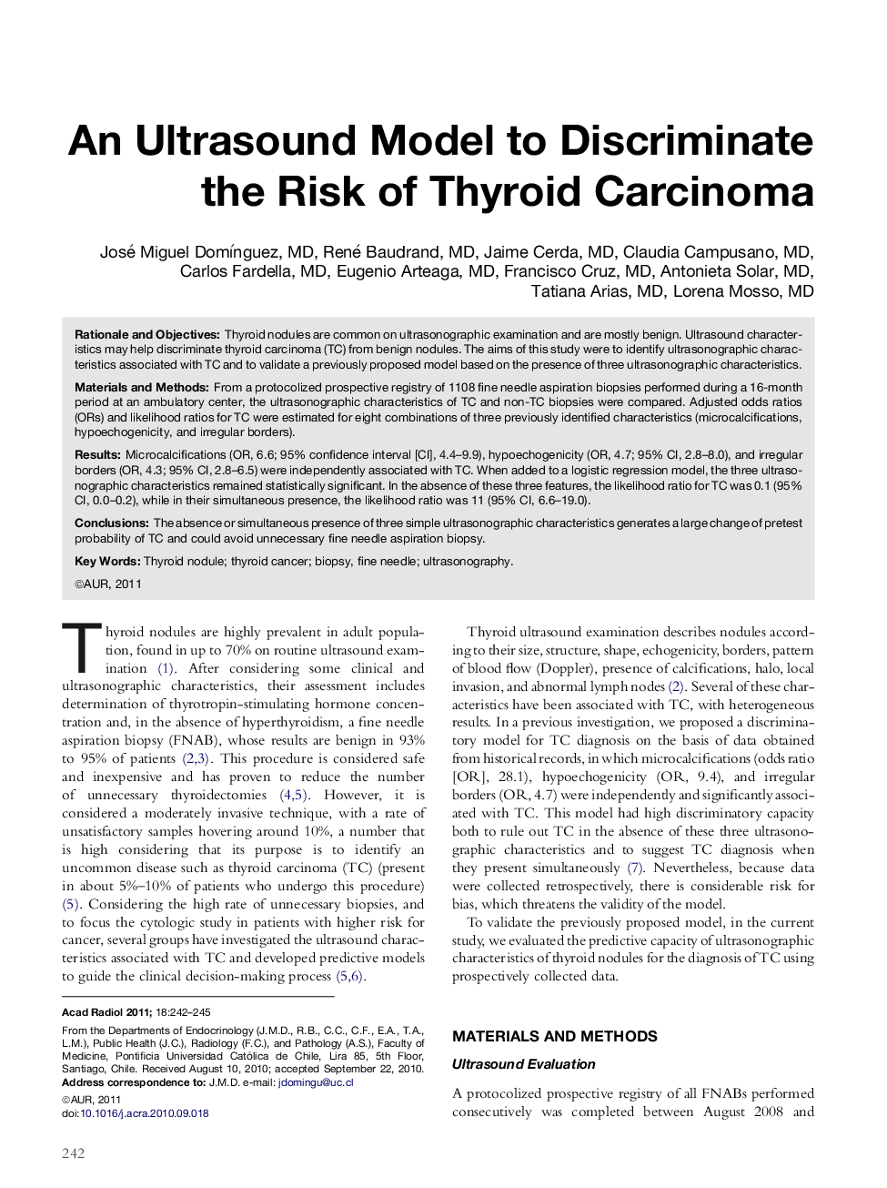 An Ultrasound Model to Discriminate the Risk of Thyroid Carcinoma