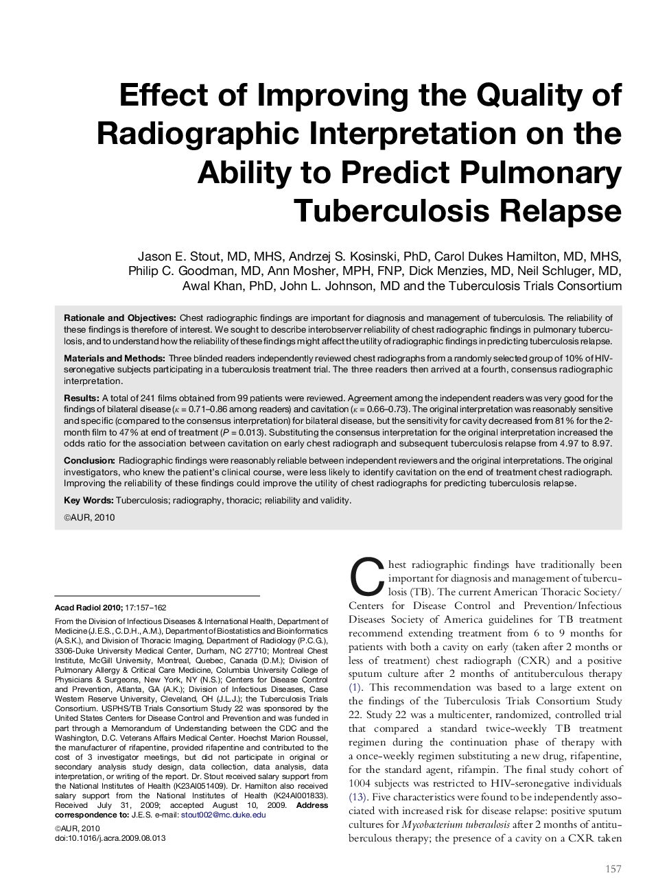 Effect of Improving the Quality of Radiographic Interpretation on the Ability to Predict Pulmonary Tuberculosis Relapse