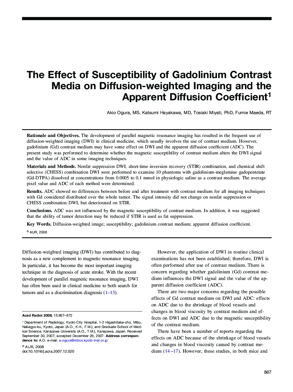 The Effect of Susceptibility of Gadolinium Contrast Media on Diffusion-weighted Imaging and the Apparent Diffusion Coefficient