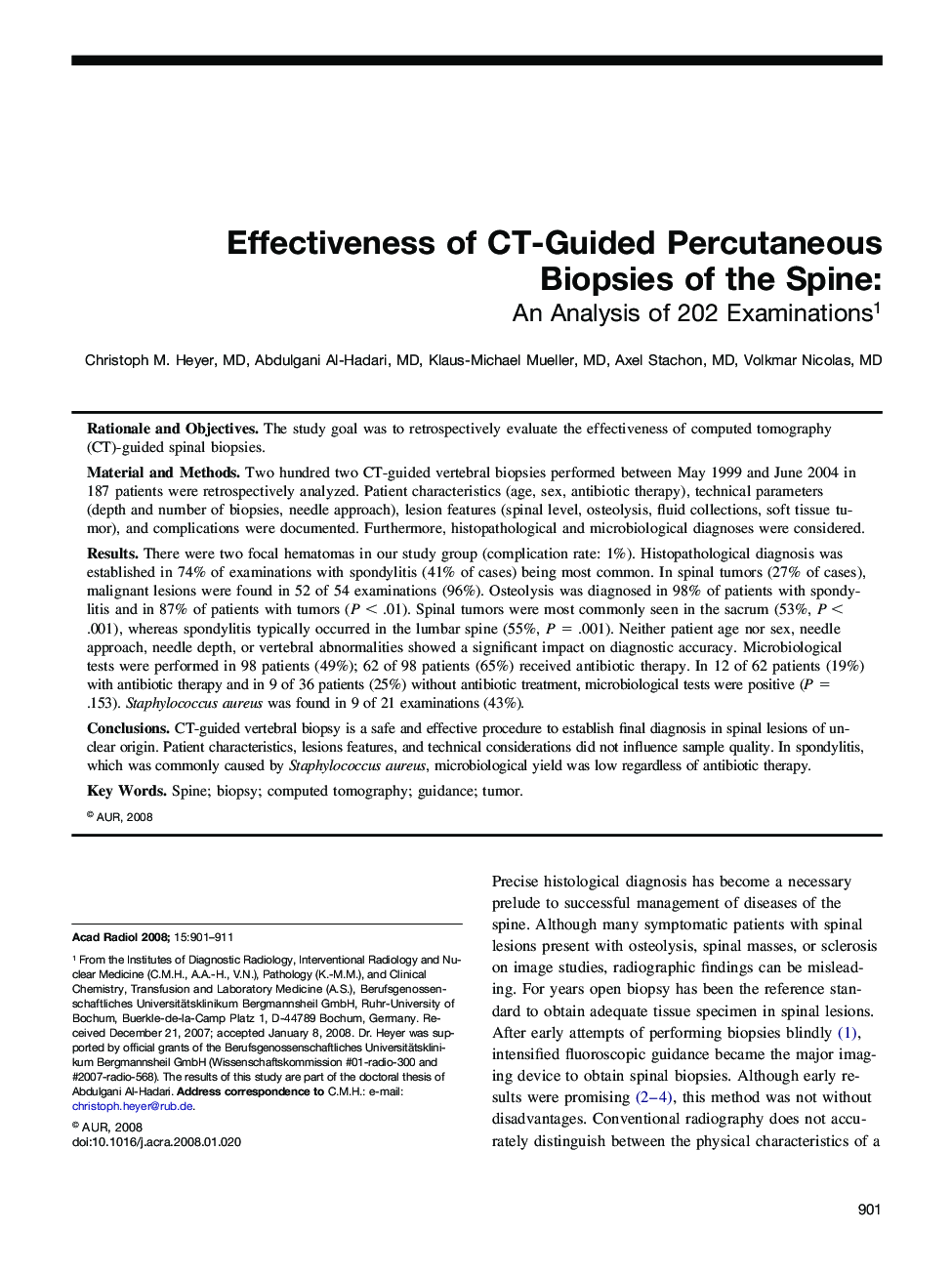 Effectiveness of CT-Guided Percutaneous Biopsies of the Spine