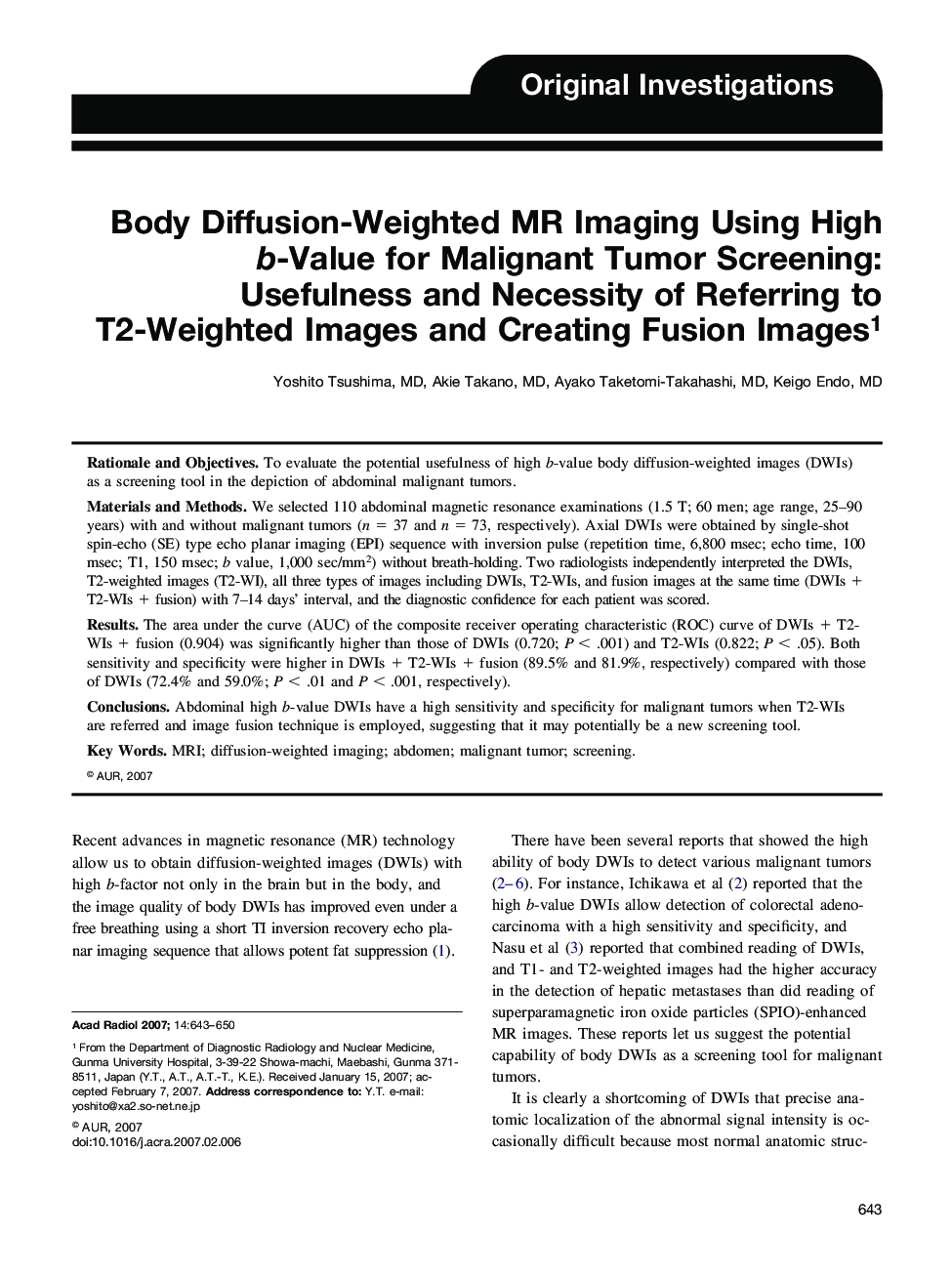 Body Diffusion-Weighted MR Imaging Using High b-Value for Malignant Tumor Screening: Usefulness and Necessity of Referring to T2-Weighted Images and Creating Fusion Images