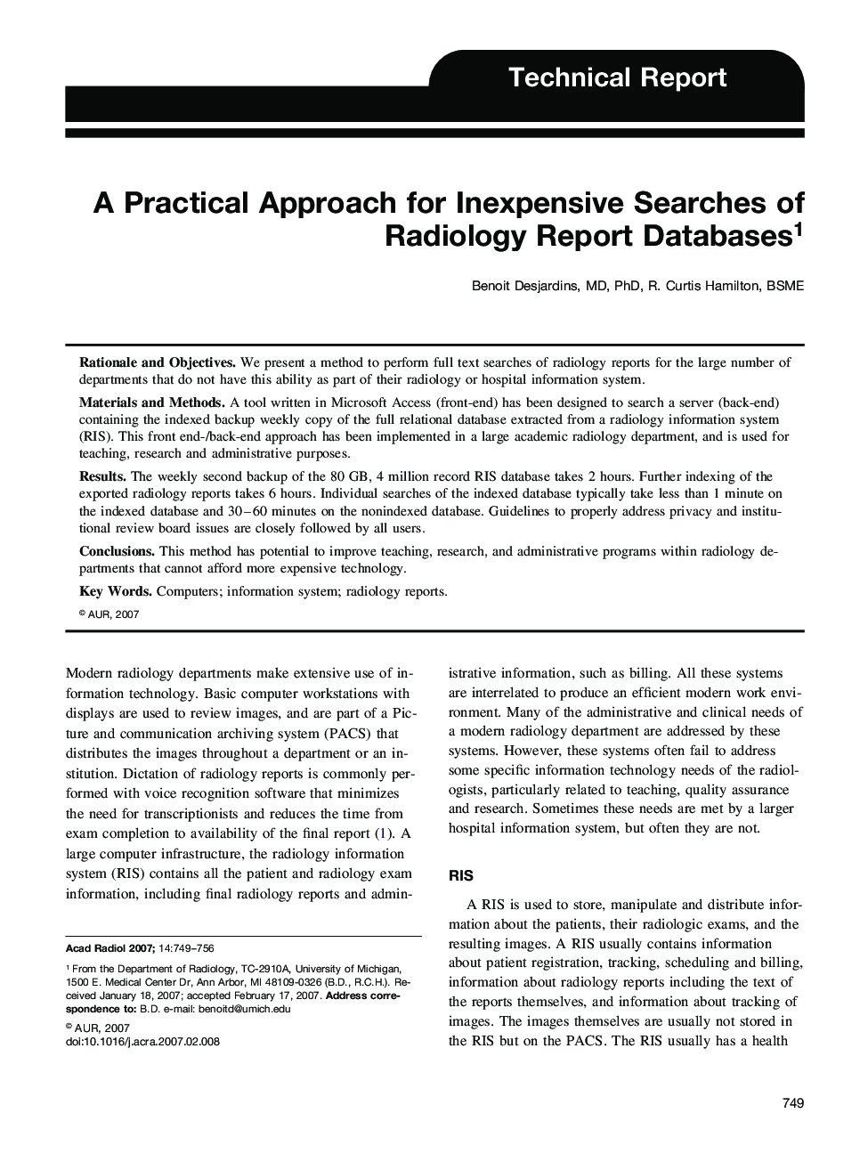 A Practical Approach for Inexpensive Searches of Radiology Report Databases