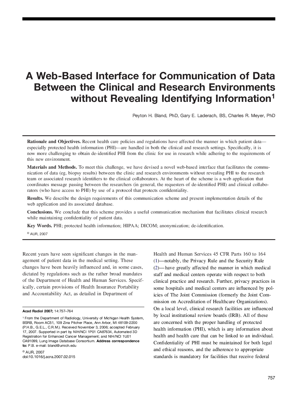 A Web-Based Interface for Communication of Data Between the Clinical and Research Environments without Revealing Identifying Information