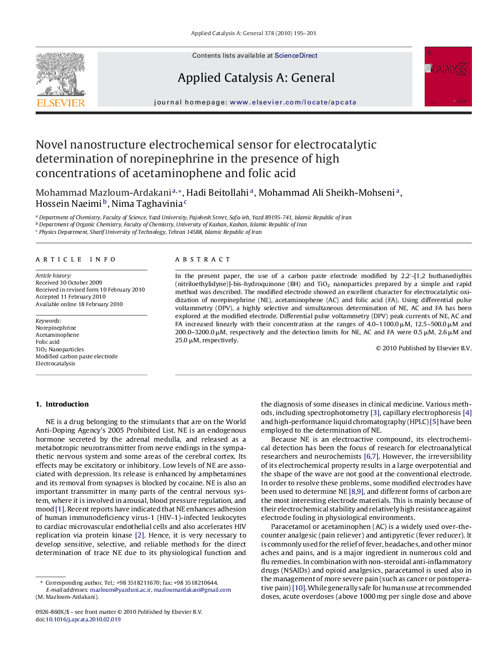 Novel nanostructure electrochemical sensor for electrocatalytic determination of norepinephrine in the presence of high concentrations of acetaminophene and folic acid