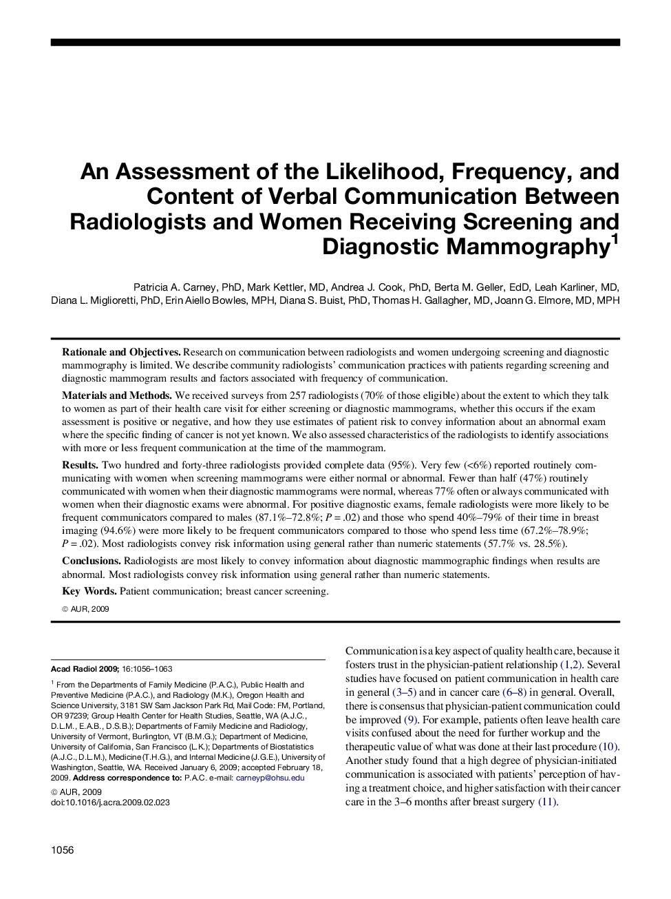 An Assessment of the Likelihood, Frequency, and Content of Verbal Communication Between Radiologists and Women Receiving Screening and Diagnostic Mammography