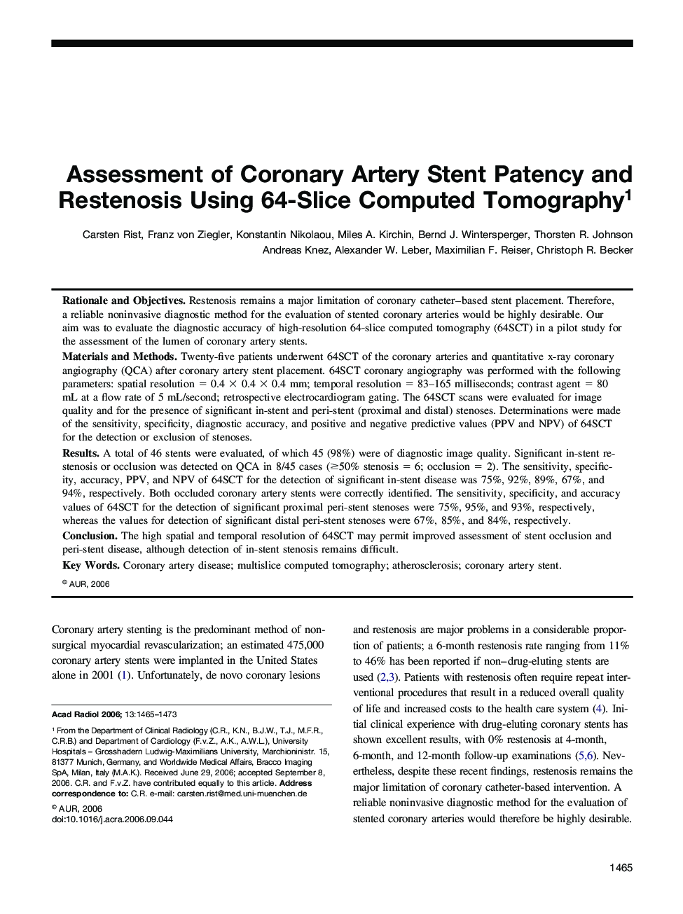 Assessment of Coronary Artery Stent Patency and Restenosis Using 64-Slice Computed Tomography