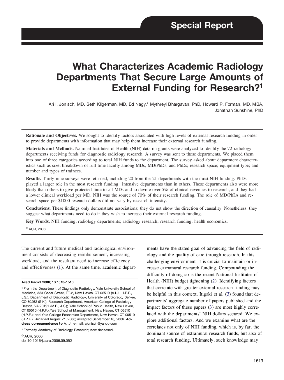 What Characterizes Academic Radiology Departments That Secure Large Amounts of External Funding for Research?