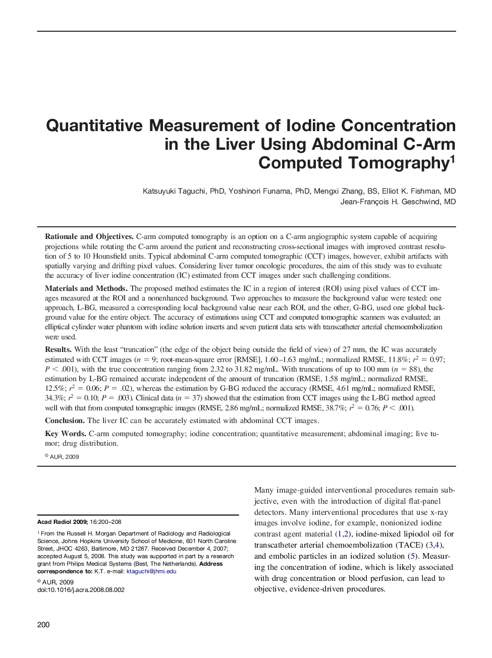 Quantitative Measurement of Iodine Concentration in the Liver Using Abdominal C-Arm Computed Tomography