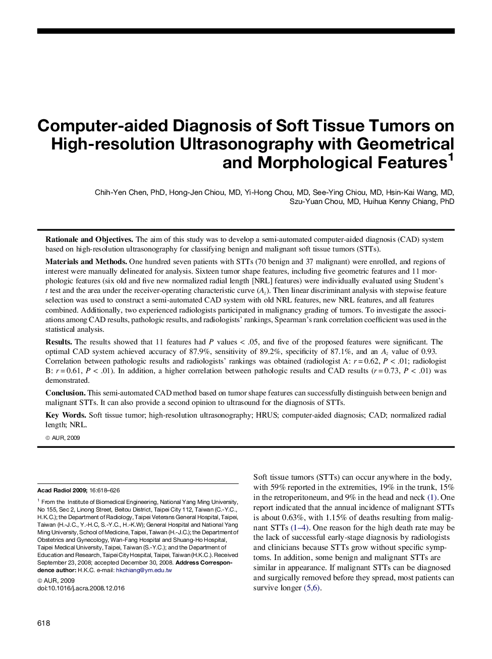 Computer-aided Diagnosis of Soft Tissue Tumors on High-resolution Ultrasonography with Geometrical and Morphological Features