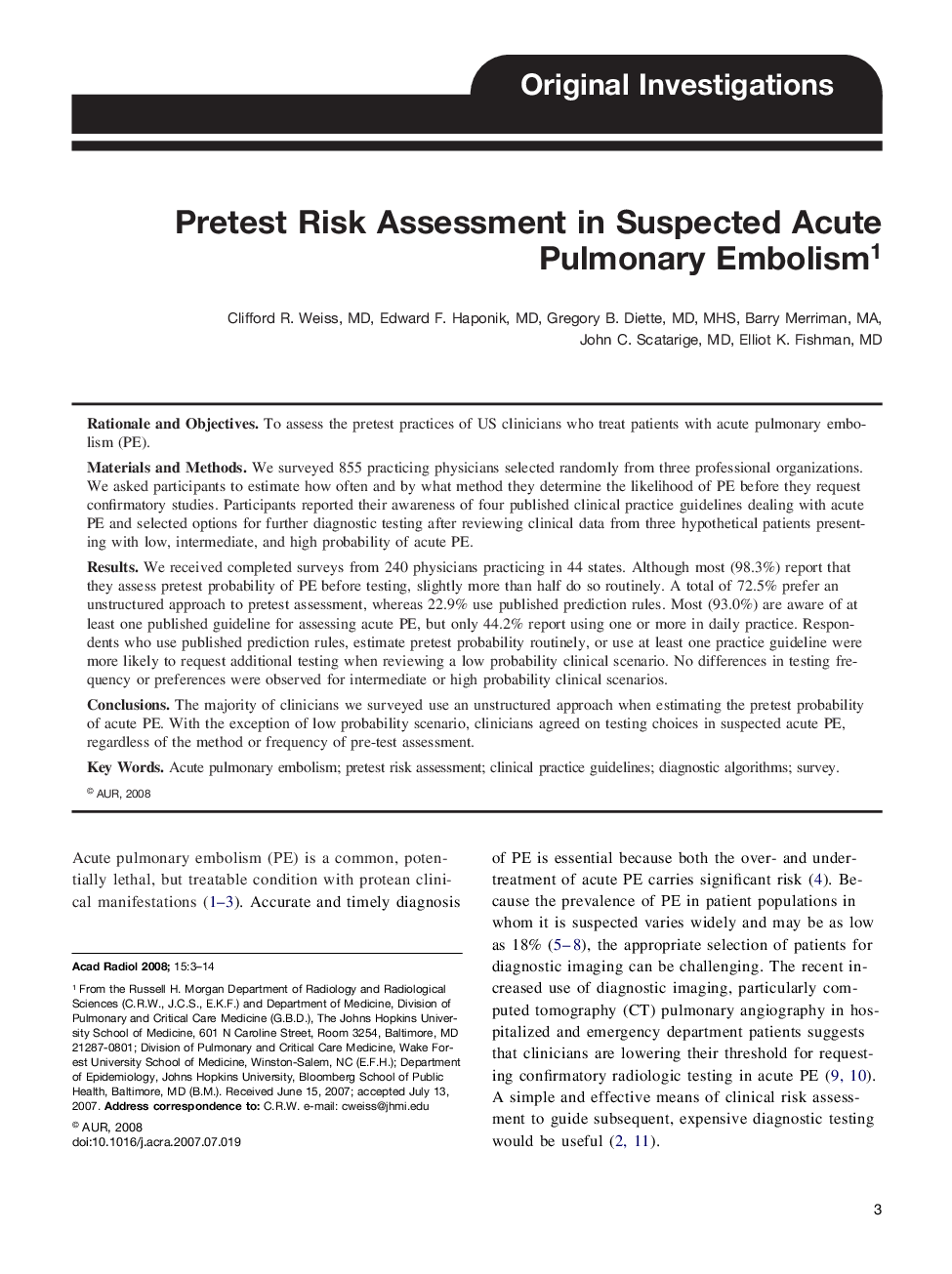 Pretest Risk Assessment in Suspected Acute Pulmonary Embolism