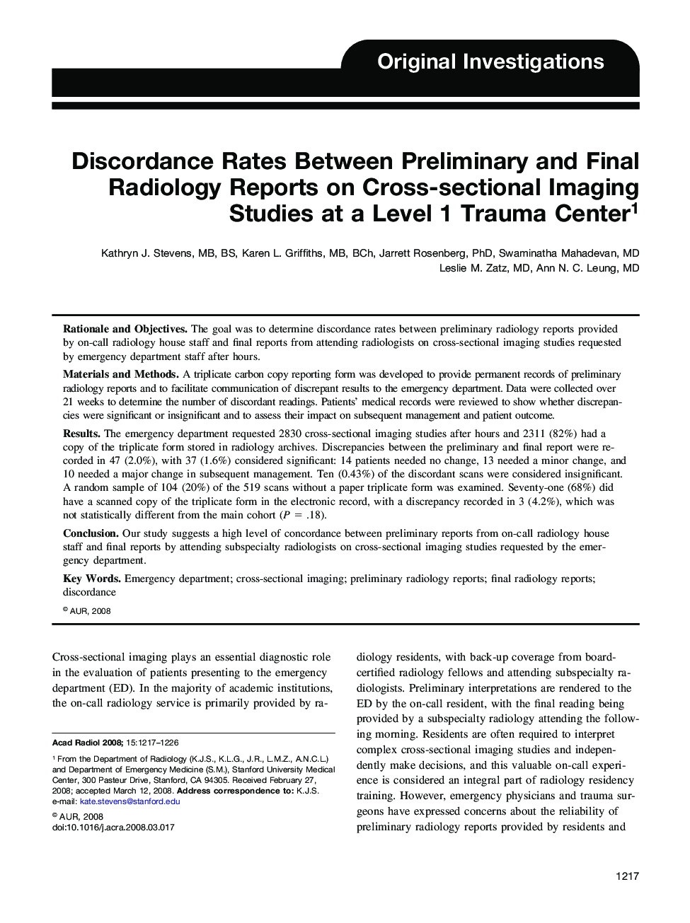 Discordance Rates Between Preliminary and Final Radiology Reports on Cross-sectional Imaging Studies at a Level 1 Trauma Center