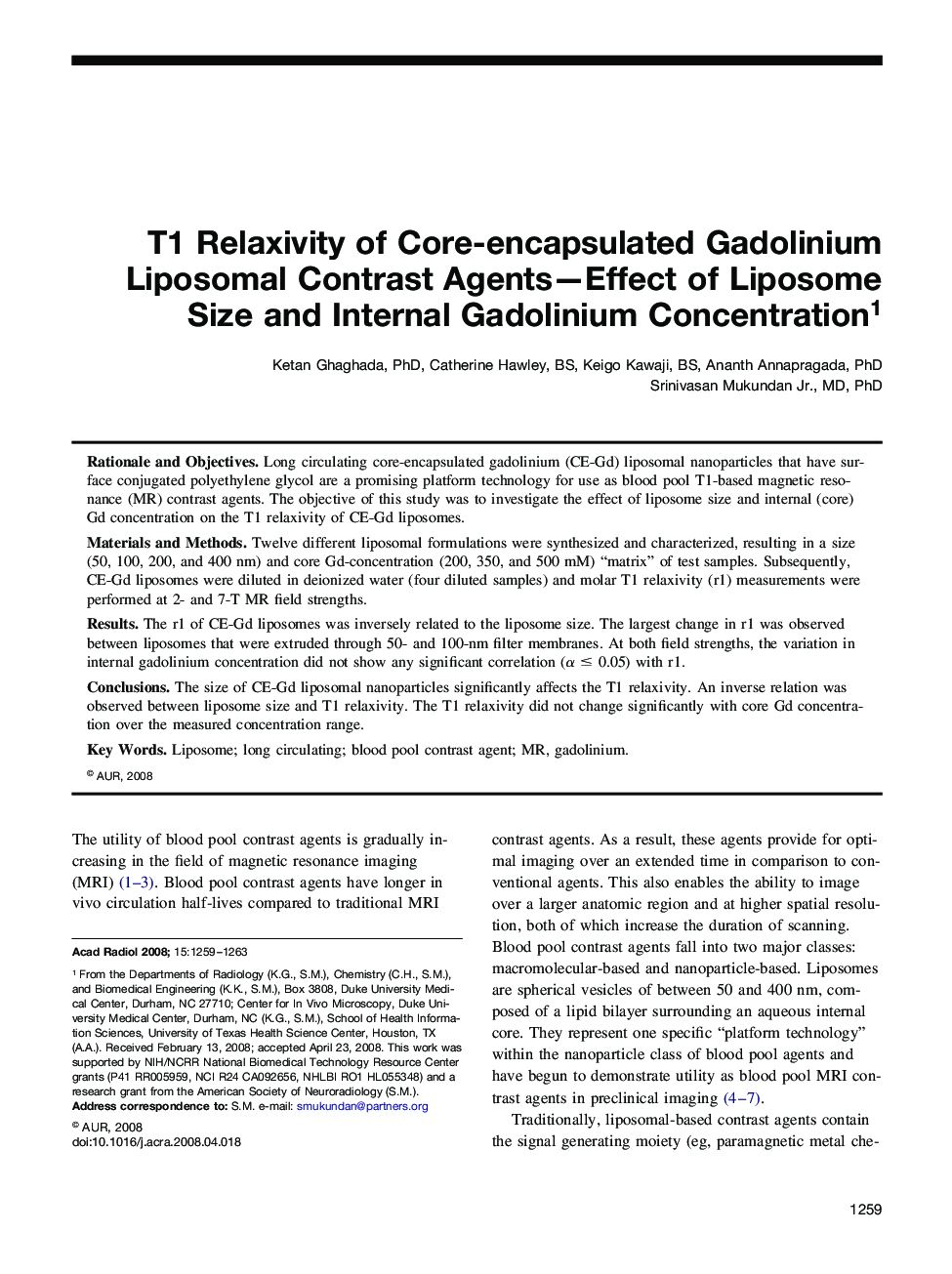 T1 Relaxivity of Core-encapsulated Gadolinium Liposomal Contrast Agents-Effect of Liposome Size and Internal Gadolinium Concentration