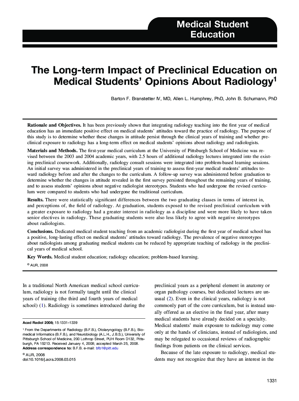 The Long-term Impact of Preclinical Education on Medical Students' Opinions About Radiology