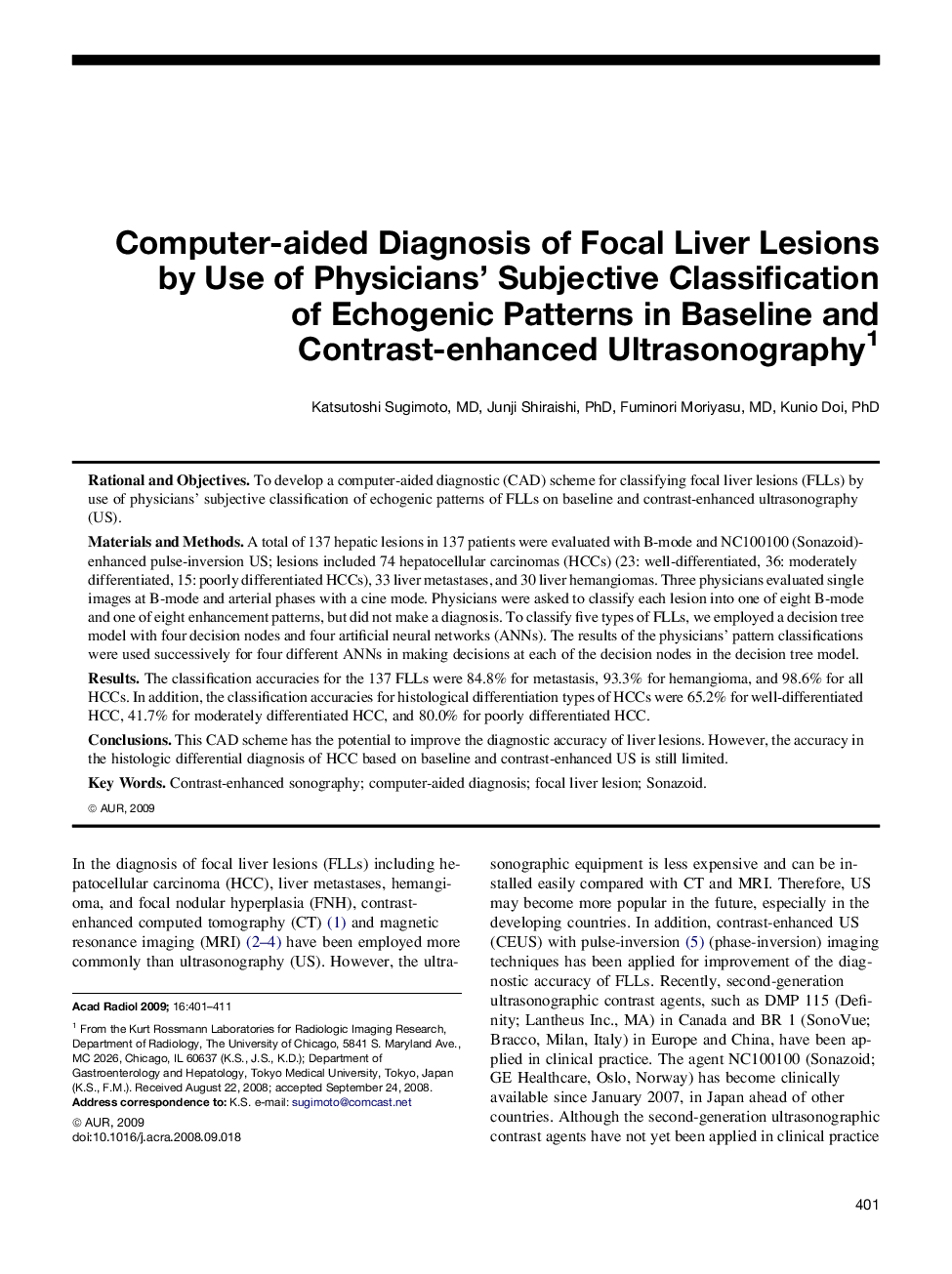 Computer-aided Diagnosis of Focal Liver Lesions by Use of Physicians' Subjective Classification of Echogenic Patterns in Baseline and Contrast-enhanced Ultrasonography