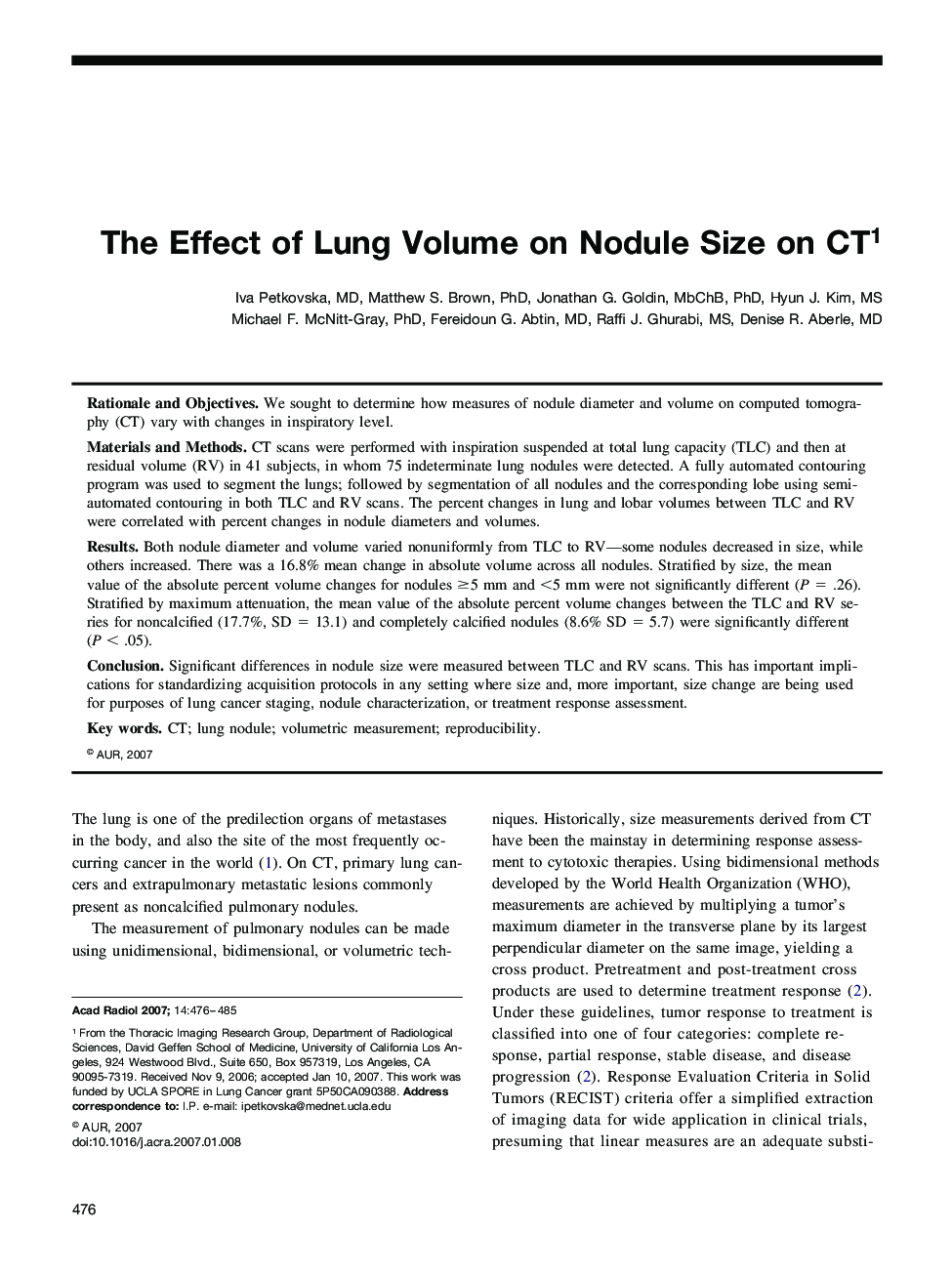 The Effect of Lung Volume on Nodule Size on CT