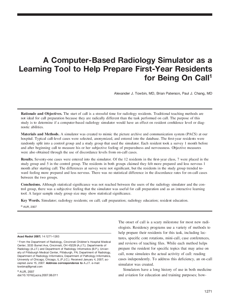 A Computer-Based Radiology Simulator as a Learning Tool to Help Prepare First-Year Residents for Being On Call