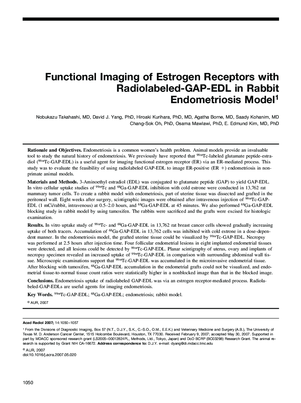 Functional Imaging of Estrogen Receptors with Radiolabeled-GAP-EDL in Rabbit Endometriosis Model