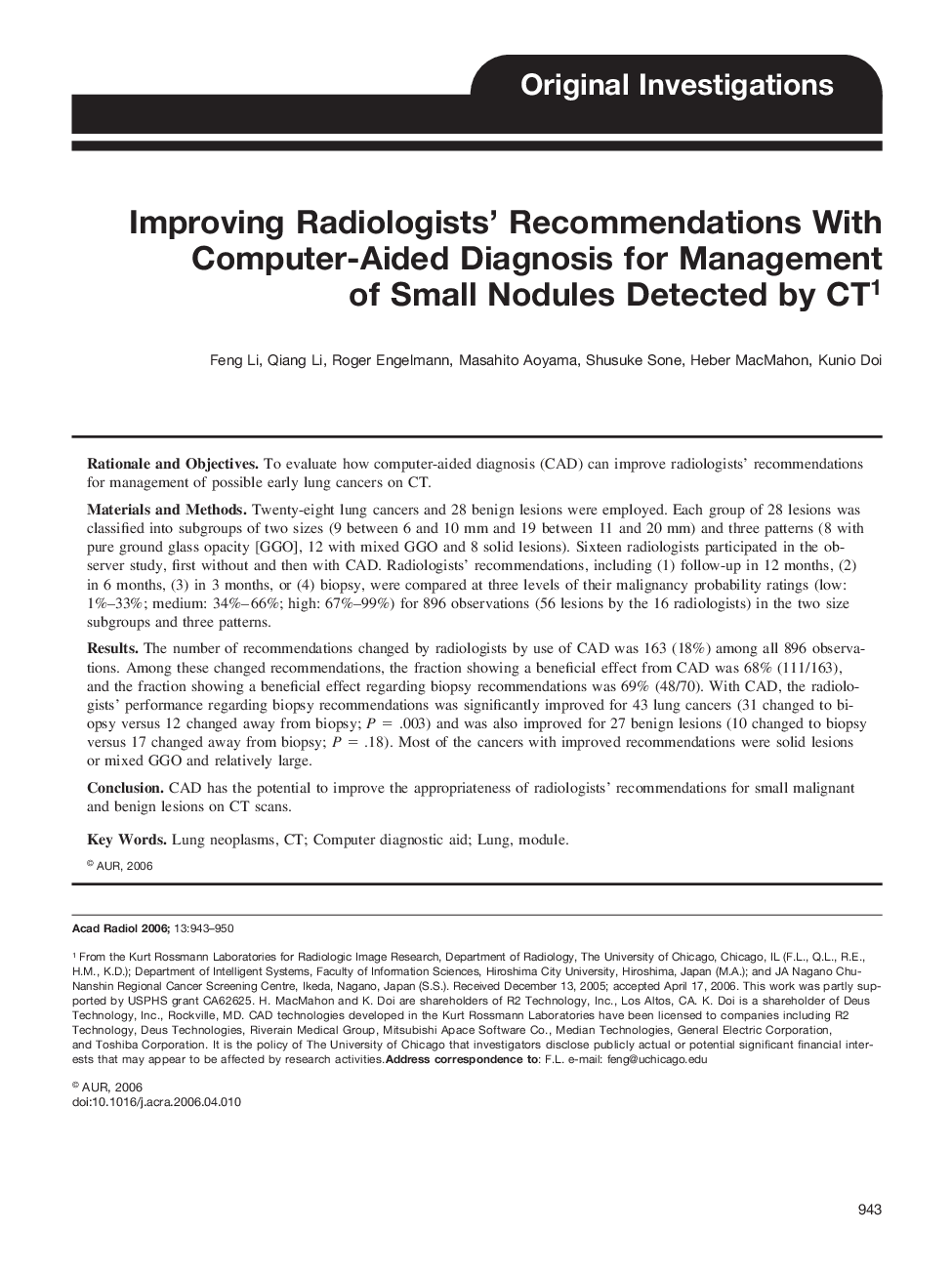 Improving Radiologists' Recommendations With Computer-Aided Diagnosis for Management of Small Nodules Detected by CT