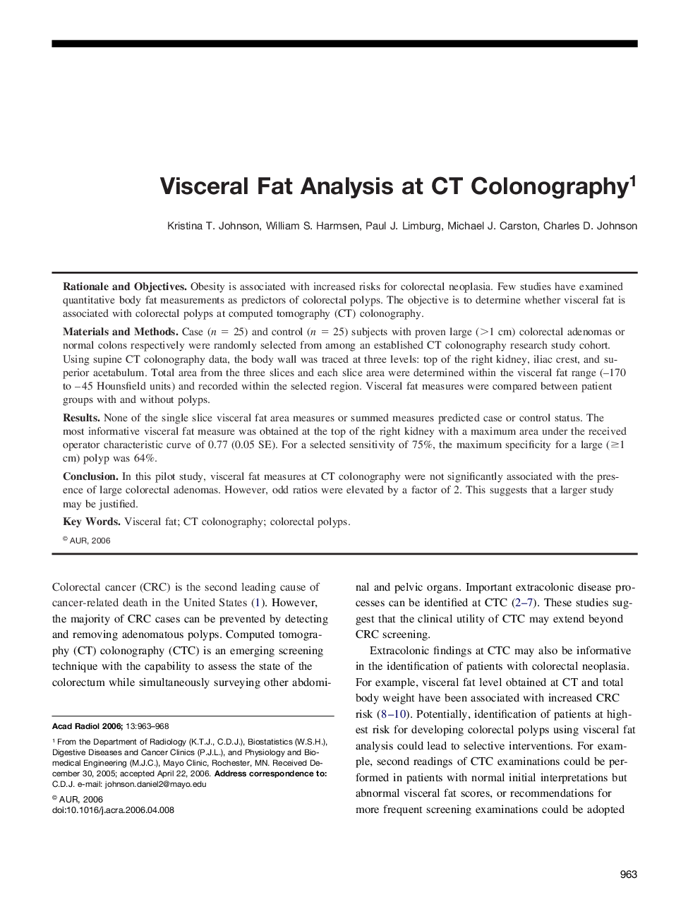 Visceral Fat Analysis at CT Colonography