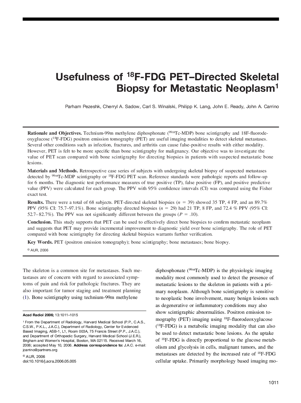 Usefulness of 18F-FDG PET-Directed Skeletal Biopsy for Metastatic Neoplasm